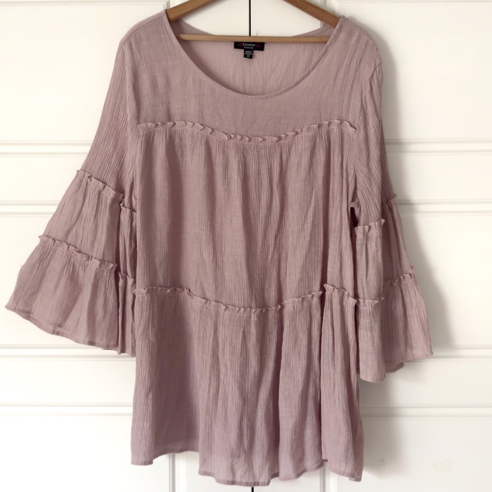 Cocomo Boho Babydoll Tunic Top 2X Pink Mauve Flare Festival Peasant Tiered Gauzy
